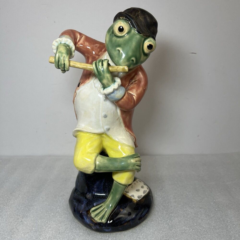 Majolica Pottery Frog Playing Flute Figure Multi Color 10" Tall Frog Farmhouse
